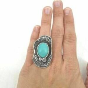 Women's Fashion Ring Antique Silver Metal Oval Turquoise Gemstone Adjustable NEW